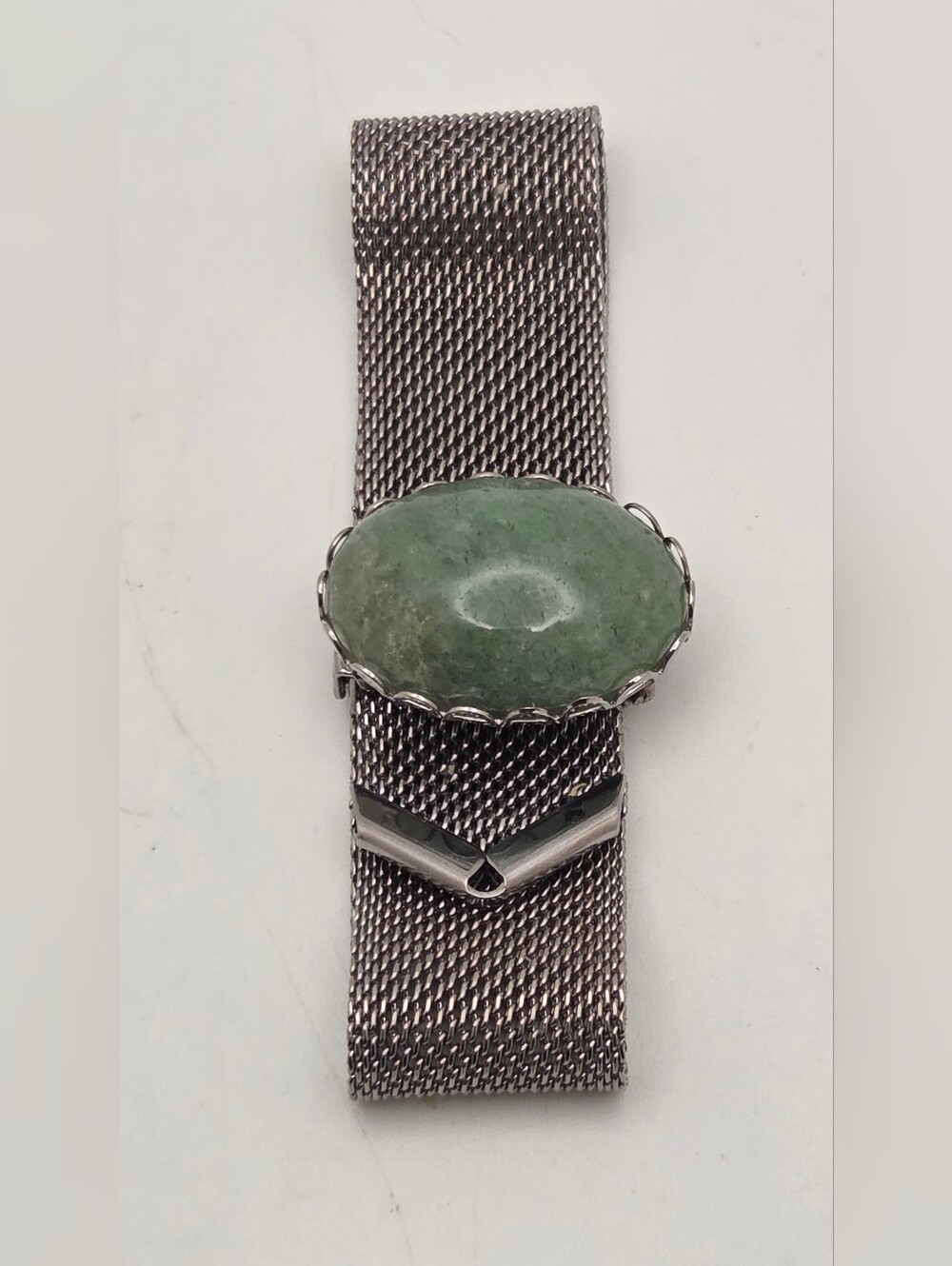 Silver Mesh Watch Bracelet with Green Aventurine Cabochon Stone Accent Adjustabl